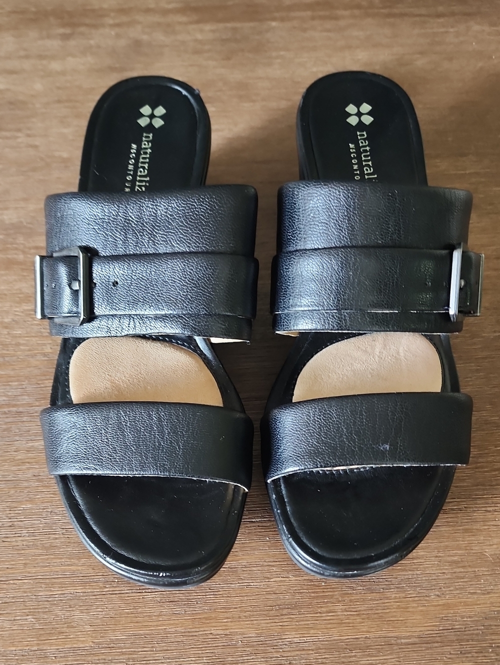 Naturalizer Women’s Black Dual-Strap Slide Sandals with Buckle